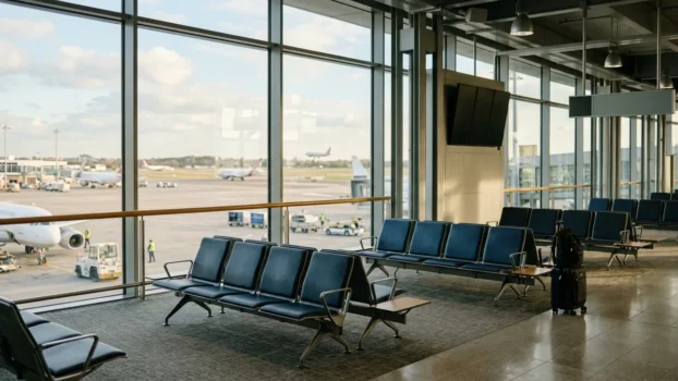 Leere Wartebänke im Flughafen-Terminal mit Blick aufs Rollfeld