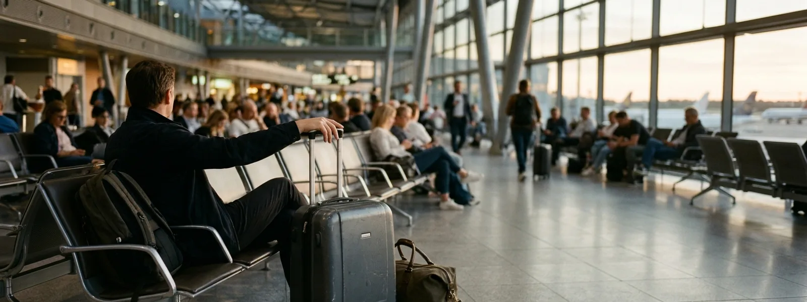 Reisekoffer neben Sitzreihe im Wartebereich eines Flughafens