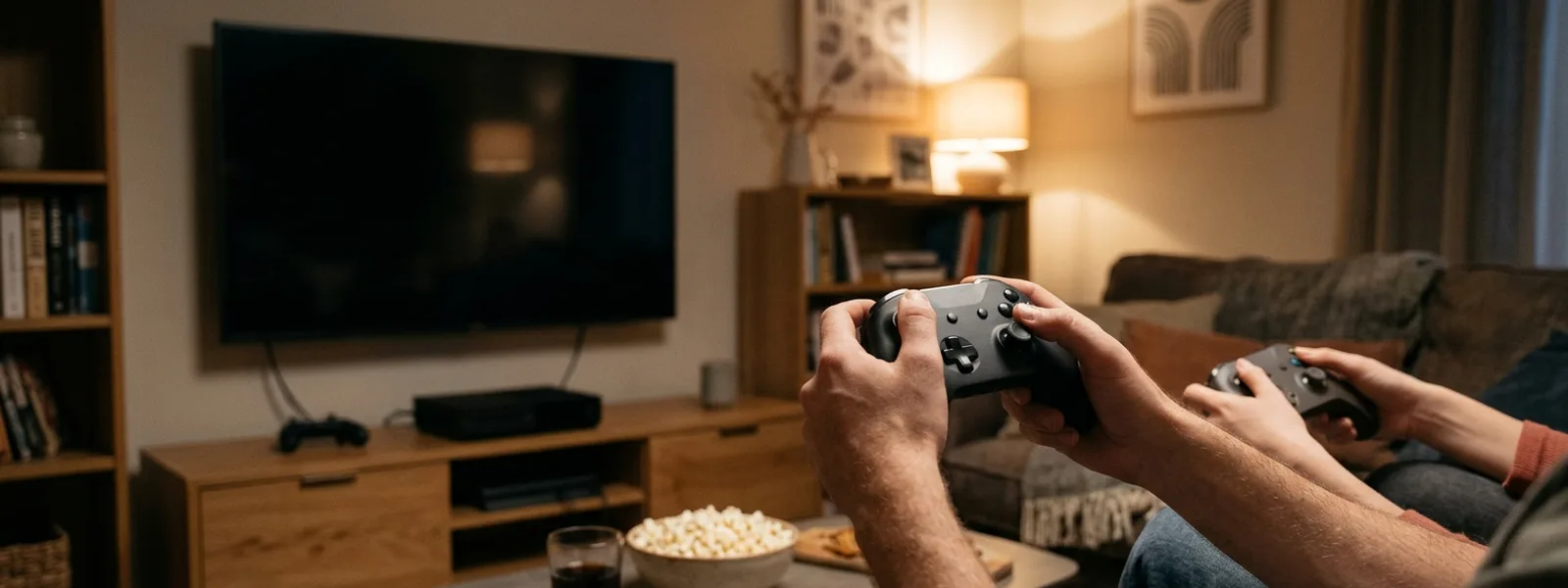 Wohnzimmer am Abend mit Konsole und Controller in Händen