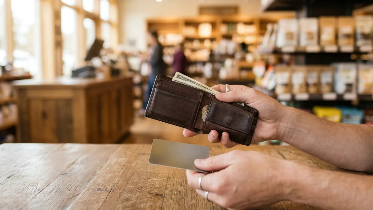 Hand mit Geldbörse und leerer Karte über einem Tisch