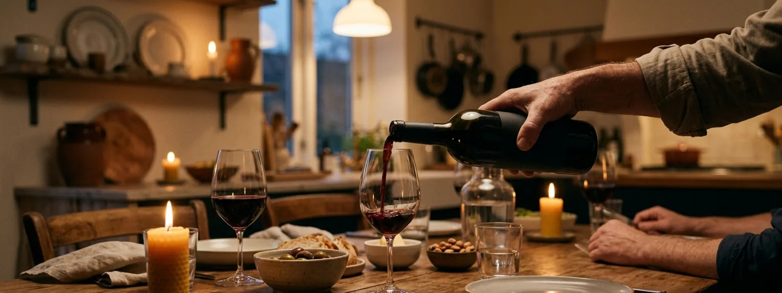 Gedeckter Tisch mit Weingläsern und Flaschen am Abend