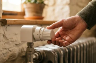 Hand an einem Heizkörperthermostat in gemütlichem Wohnraum