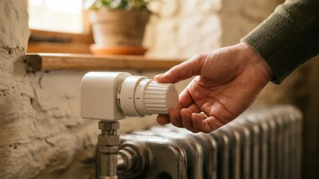 Hand an einem Heizkörperthermostat in gemütlichem Wohnraum