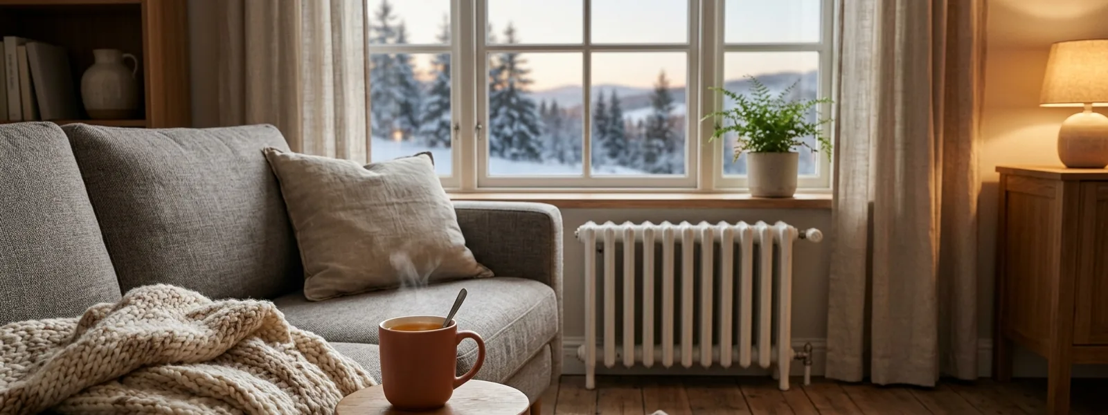 Warm beleuchtetes Wohnzimmer mit Decke, Tee und Heizkörper am Fenster