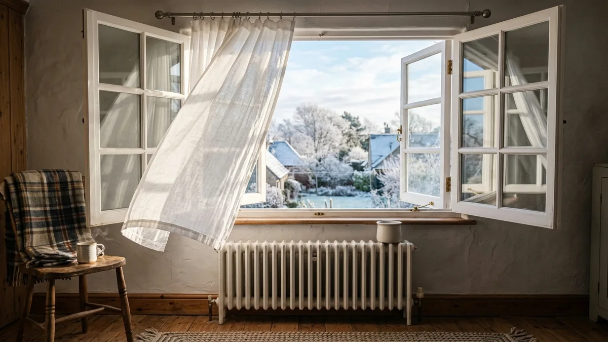 Weit geöffnetes Fenster beim Stoßlüften in einer Wohnung