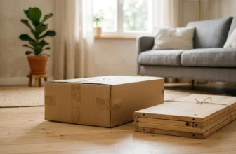 Rückgabe-Paket mit Möbelteil im Wohnzimmer vorbereitet