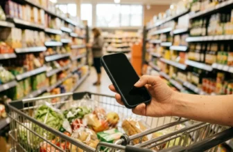 Hand mit Smartphone neben Einkaufswagen im Supermarkt