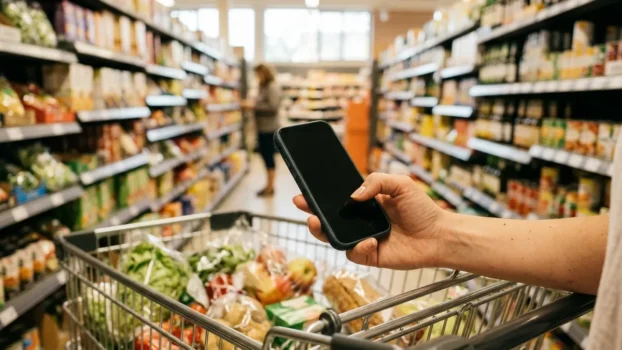 Hand mit Smartphone neben Einkaufswagen im Supermarkt