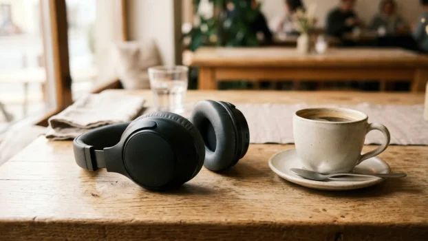 Over-Ear-Kopfhörer auf Holztisch neben einer Kaffeetasse