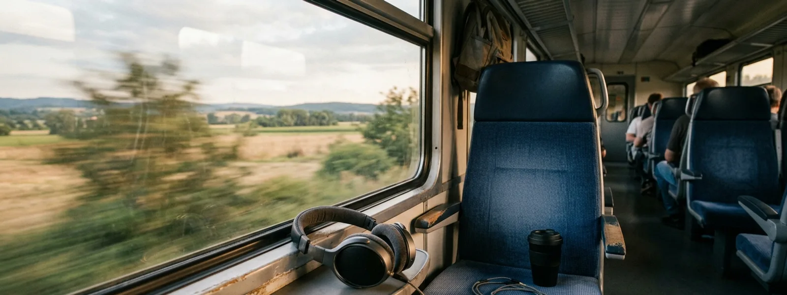 Kopfhörer auf einem Zugsitz mit Blick aus dem Fenster