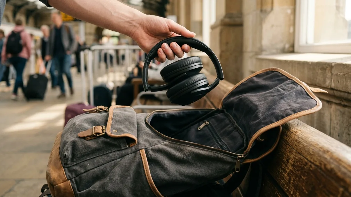 Hände halten zusammengefaltete Kopfhörer über einem offenen Rucksack