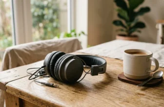 Schwarzer Over-Ear-Kopfhörer auf einem Holztisch neben einer Tasse