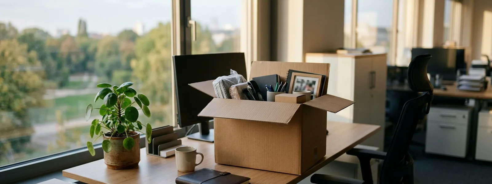 Gepackter Karton auf einem aufgeräumten Büroschreibtisch