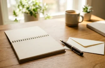 Kalender, Stift und Briefumschlag auf einem Schreibtisch