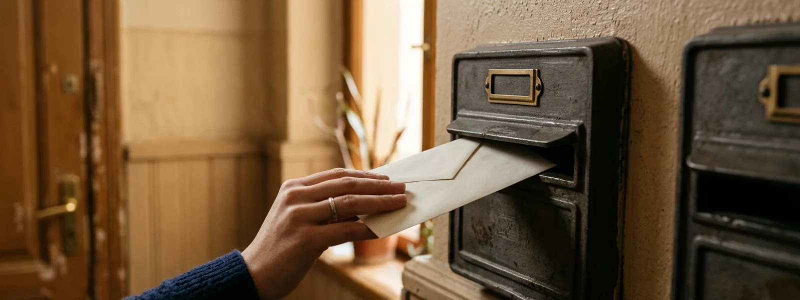 Hand wirft einen Brief in einen Briefkasten