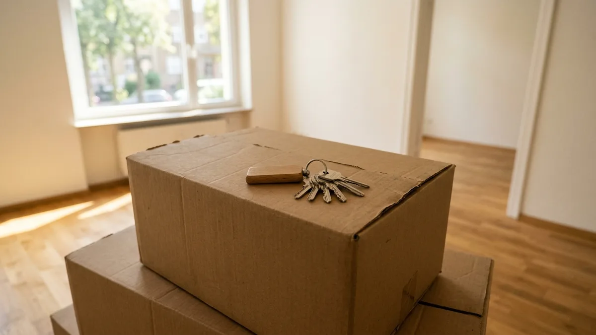 Wohnungsschlüssel auf einem Karton in leerem Zimmer