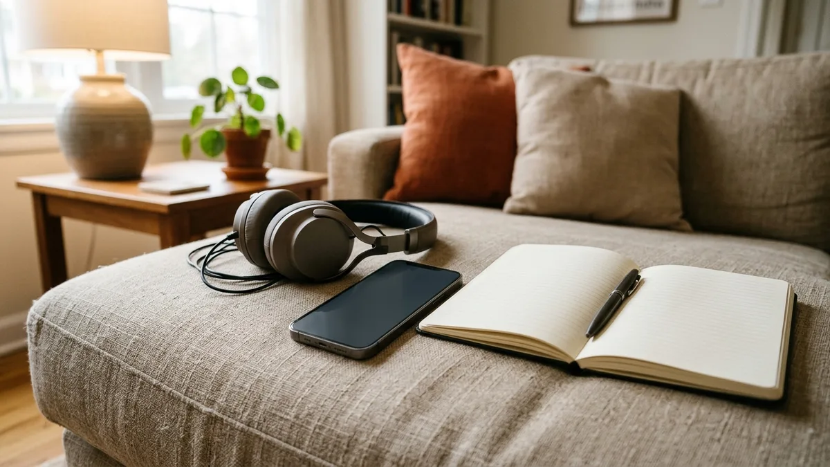 Smartphone und Kopfhörer auf einem Sofa im Wohnzimmer