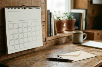 Kalender mit Stift und Briefumschlag auf einem Schreibtisch