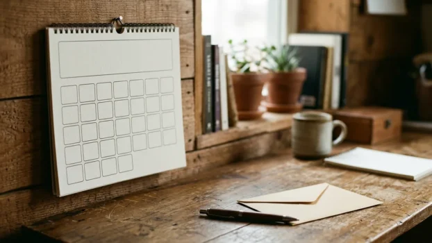 Kalender mit Stift und Briefumschlag auf einem Schreibtisch