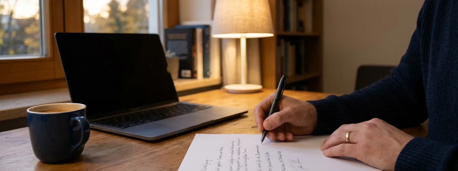 Hand schreibt einen Brief am heimischen Schreibtisch