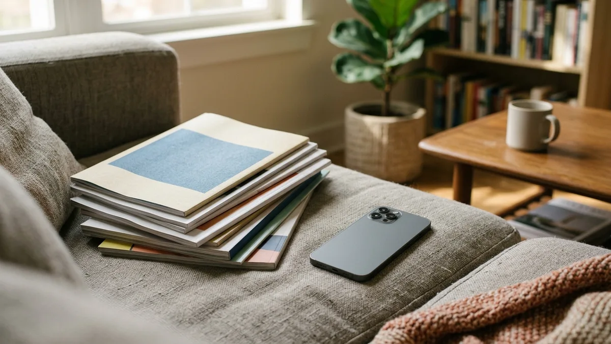 Stapel Zeitschriften und Smartphone auf einem Sofa