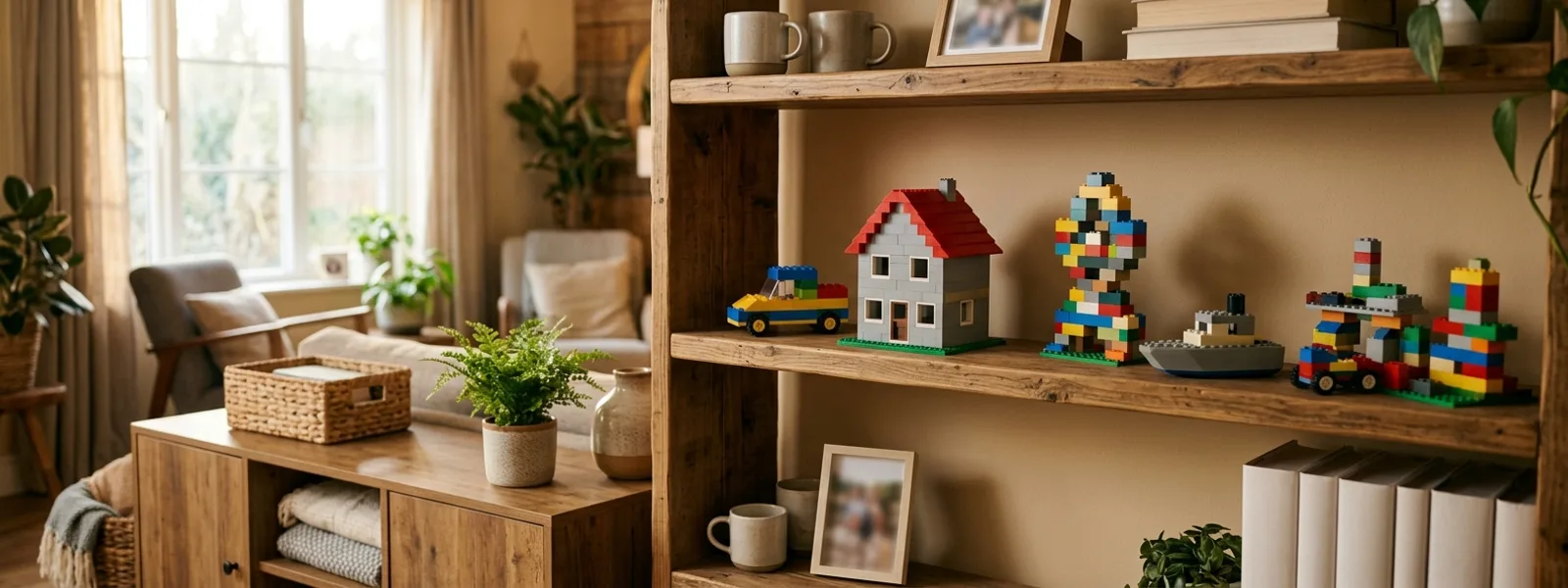 Regal mit Sammlung gebauter Klemmbaustein-Modelle im Wohnzimmer