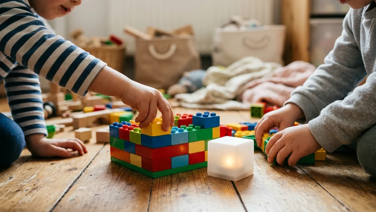 Kinderhände bauen mit bunten Steinen auf dem Teppich
