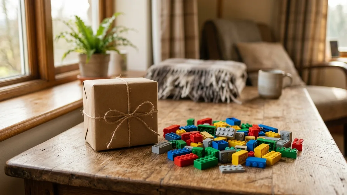 Verpacktes Geschenk neben losen Bausteinen auf dem Tisch