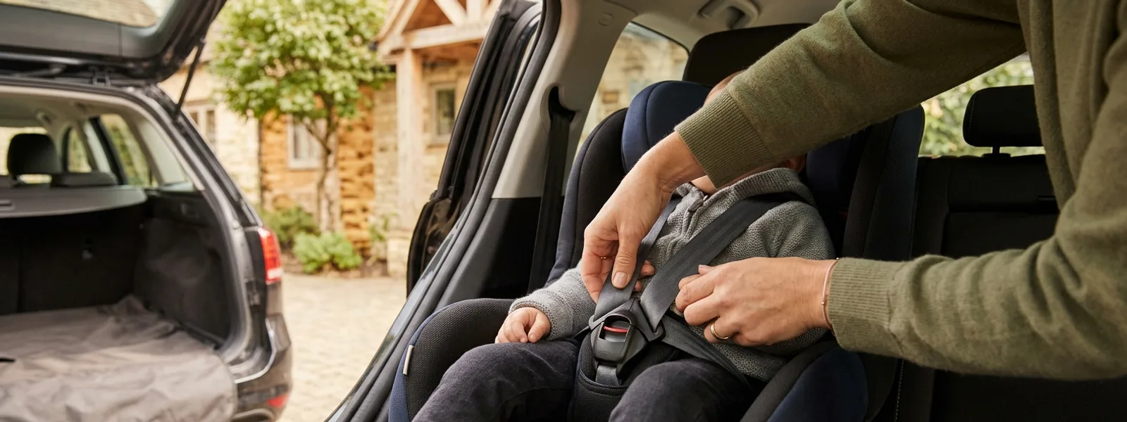 Hände stellen Gurte an einem Kindersitz im Auto ein