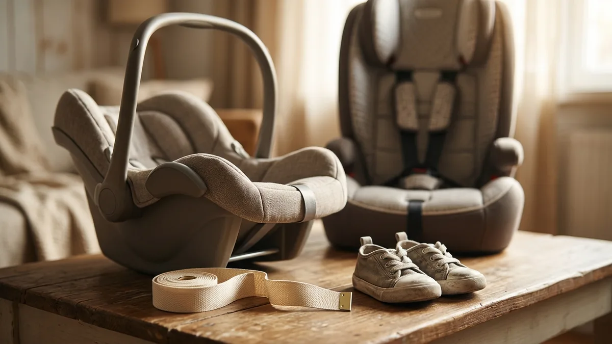 Maßband und Kinderschuhe neben einem Autositz