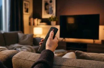 Hand hält Fernbedienung vor ausgeschaltetem Fernseher im Wohnzimmer