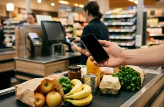 Hand mit Smartphone an der Supermarktkasse beim Bezahlen