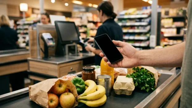 Hand mit Smartphone an der Supermarktkasse beim Bezahlen