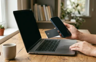 Schreibtisch mit Laptop, Smartphone und Bankkarte bei Tageslicht
