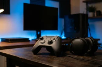 Spielcontroller und Headset auf Tisch im blauen Licht
