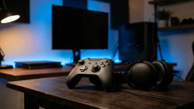 Spielcontroller und Headset auf Tisch im blauen Licht