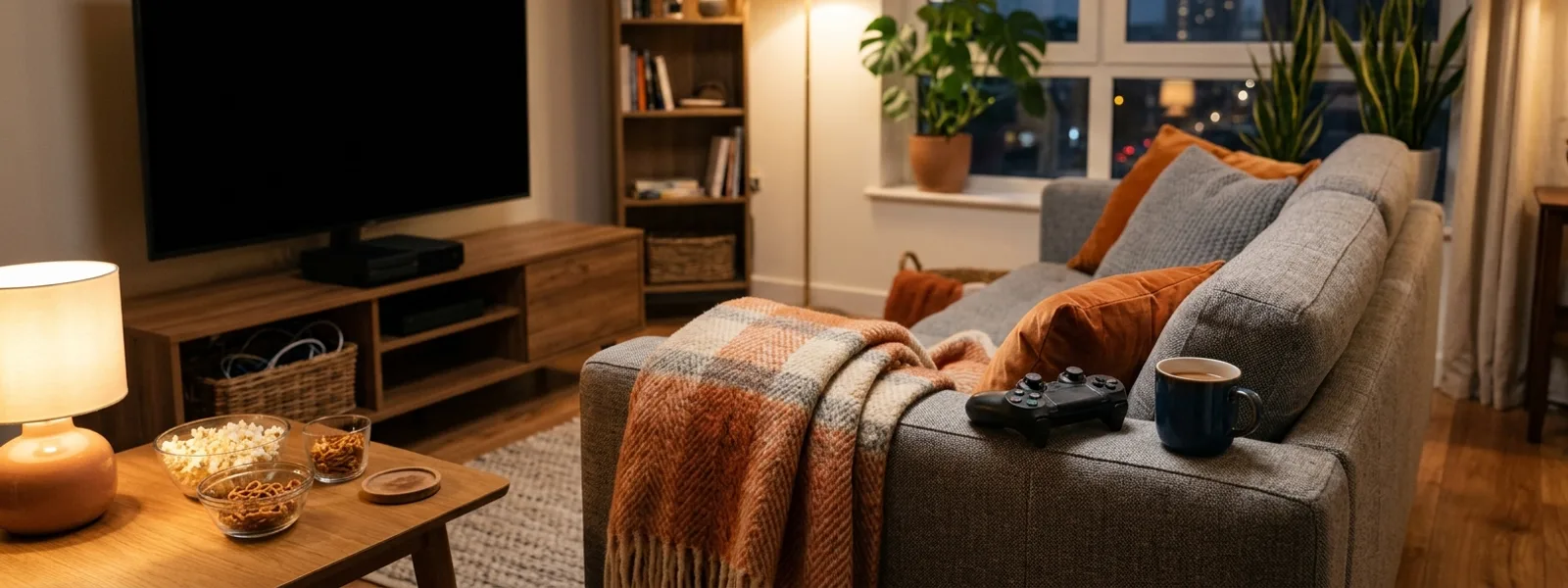 Gemütliches Wohnzimmer mit Sofa und Controller am Abend