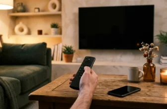 Fernbedienung und Smartphone auf einem Wohnzimmertisch am Abend