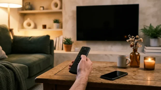 Fernbedienung und Smartphone auf einem Wohnzimmertisch am Abend