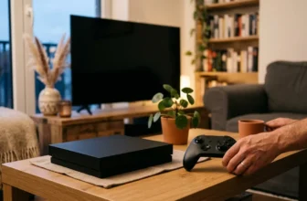 Spielekonsole und Controller auf Wohnzimmertisch im Abendlicht