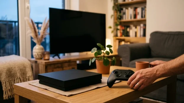 Spielekonsole und Controller auf Wohnzimmertisch im Abendlicht