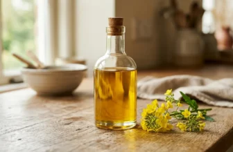 Flasche mit goldgelbem Speiseöl neben Rapsblüten auf Holzplatte