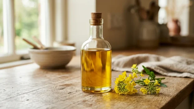 Flasche mit goldgelbem Speiseöl neben Rapsblüten auf Holzplatte