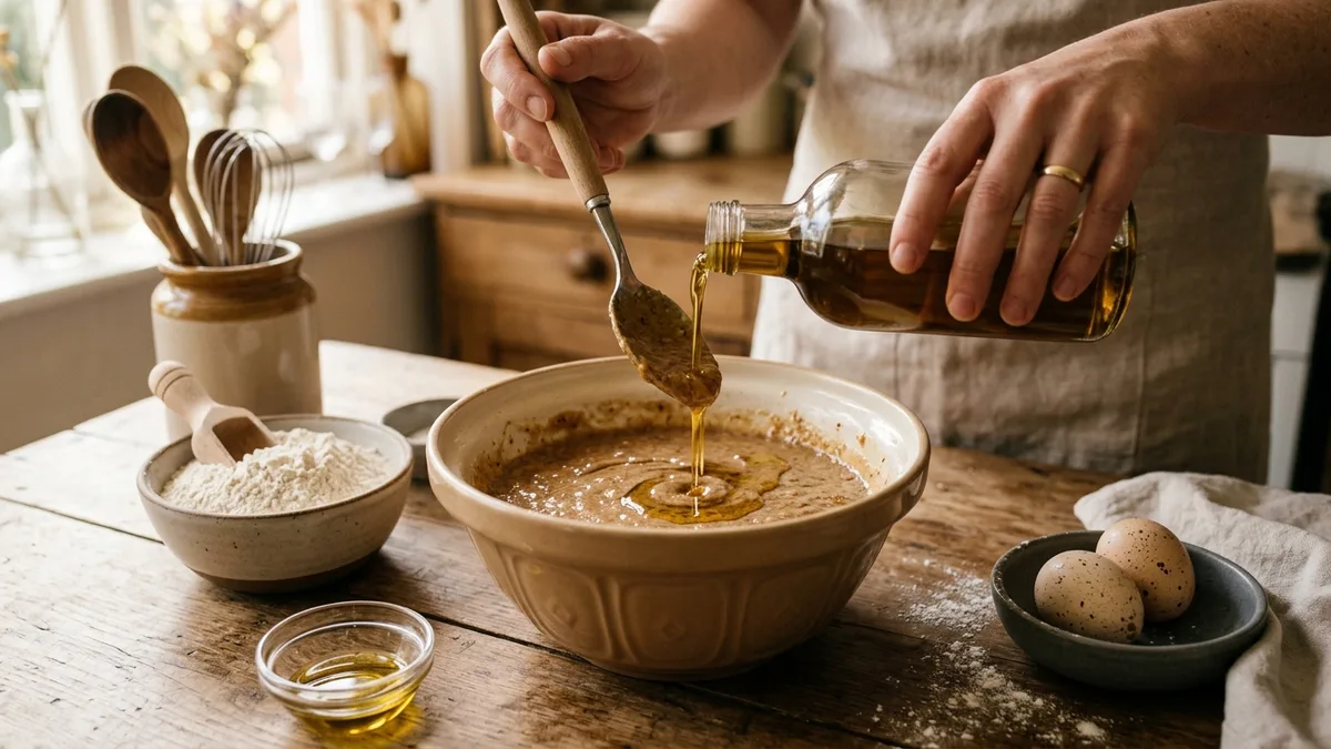 Öl fließt beim Backen in eine Schüssel mit Teig