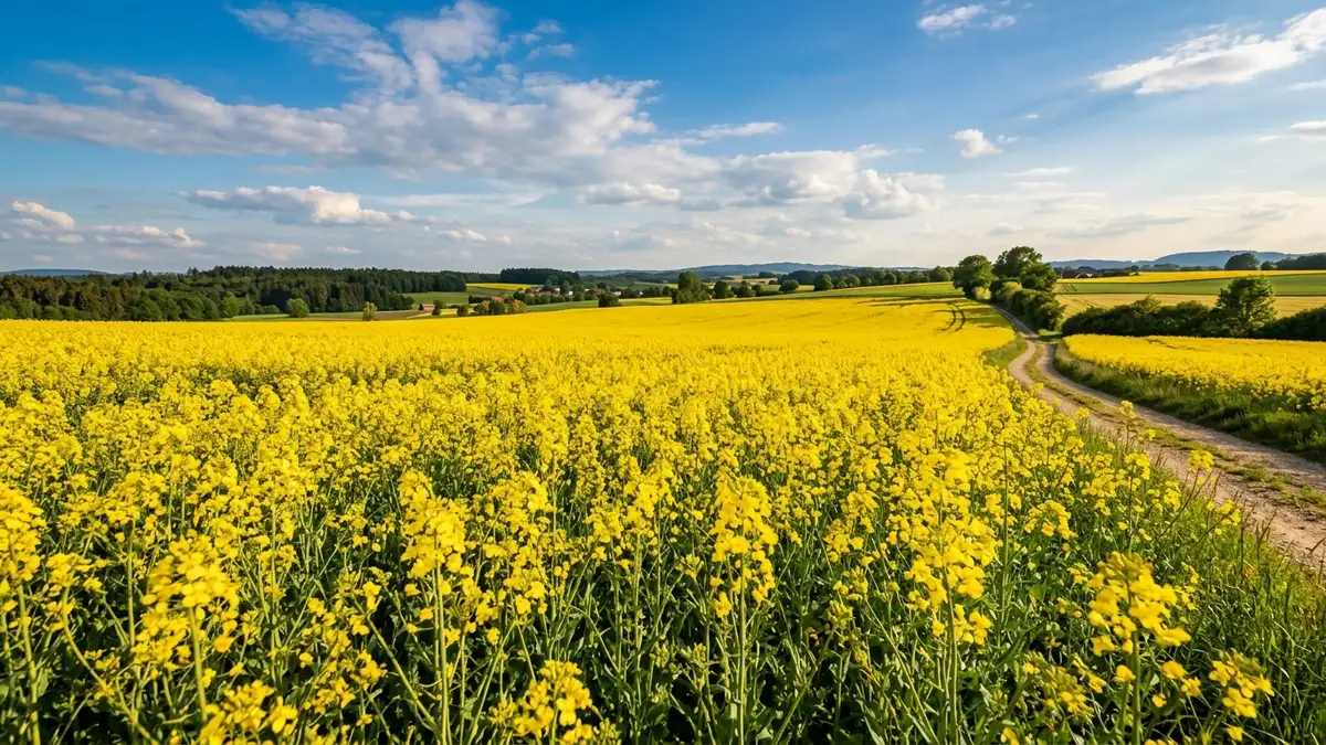 Gelb blühendes Rapsfeld unter blauem Himmel