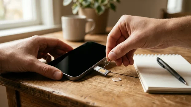 Smartphone mit zwei SIM-Karten auf hellem Tisch