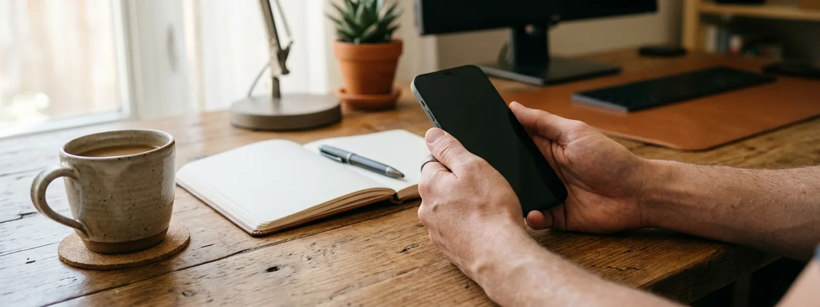 Person hält Smartphone am aufgeräumten Schreibtisch