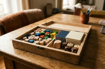 Spielmaterial wie Karten, Würfel und Holzfiguren auf einem Tisch