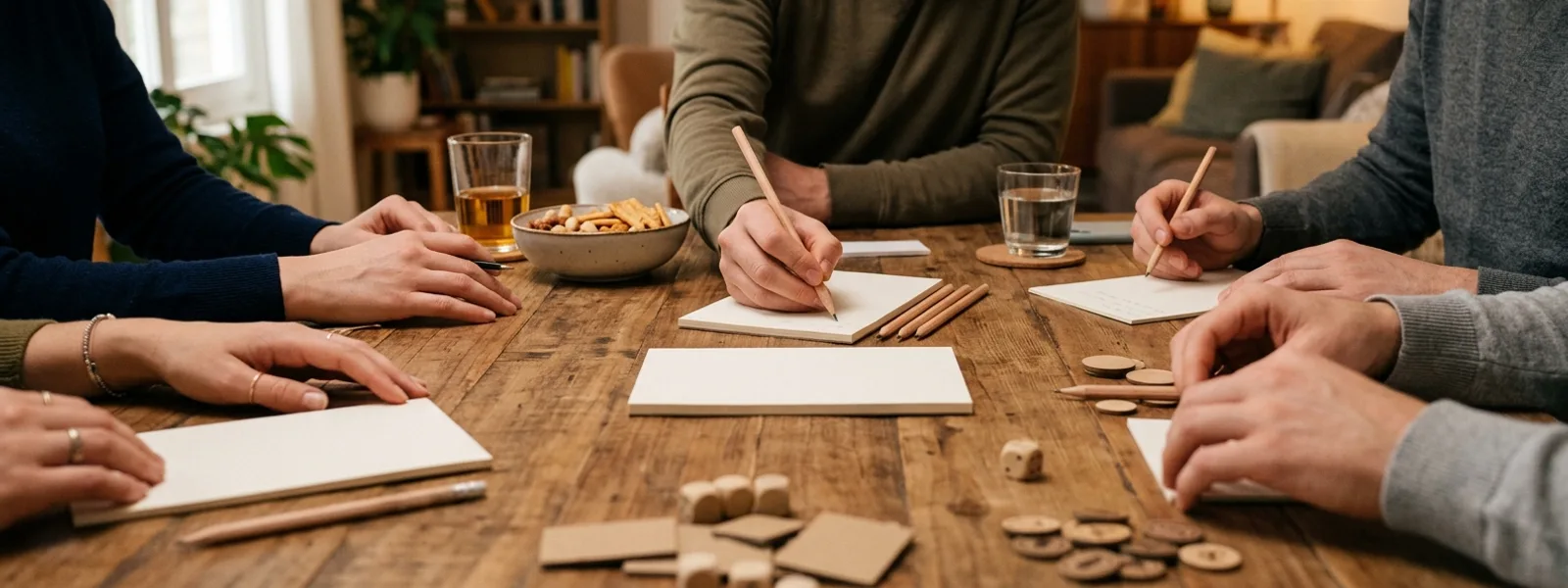 Runde am Wohnzimmertisch beim gemeinsamen Spieleabend am Abend
