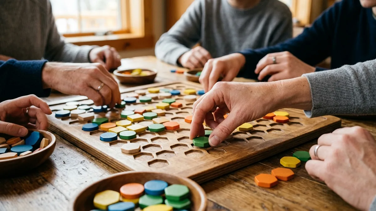 Hände legen bunte Holzplättchen auf eine Spielfläche